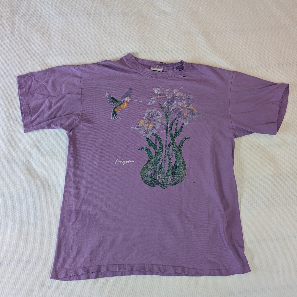 Vintage 90s single-stitch Thrashed Arizona T With Hummingbird/Iris Graphic